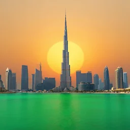 dubai, landscape, skyline, vivid, masterpiece, green sun, sunset