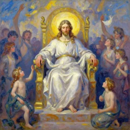 god sits upon his throne and watches his creation, vibrant impressionist style painting