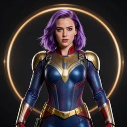 Rachel McAdams in heroic pose with weapon, cinematic, 4k, hyper realistic, super detailed, colorful accents, purple hair, golden ratio, symmetrical face, highly detailed professional photo, centered, rim lights, vray caustics, hyper realistic
