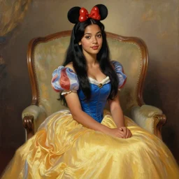 beautiful woman with long black hair, tan skin, hourglass figure, round cute face wearing a colorful disney princess gown with mickey mouse ears headband sitting in an armchair. beautiful painting by lois van baarle and artgerm and bouguereau