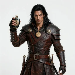 DND concept character tan mercenary rogue, with long black hair, leather armor, possessed by a demon, holding a flask, grimoire neck chain