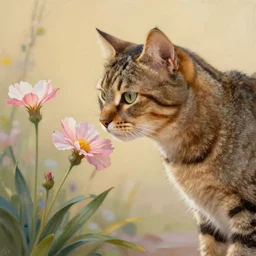 cat smelling flowers, in the style of chiara bautista