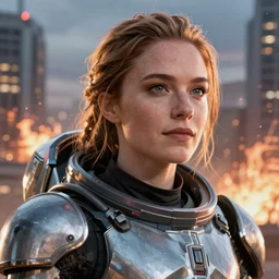 VFX movie portrait closeup powerful DC vs. Marvel hero woman space marine natural skin, natural evening light in the city, exploding skyscrapers by Emmanuel Lubezki