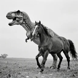 [ [ t rex ] ] and a horse with legs, movement, soft, black and white photograph, 1 8 5 0 s