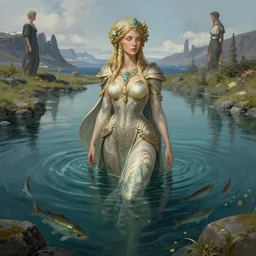a full body portrait of a beautiful post apocalyptic offworld neoicelandic biofarmer swimming by the fish pond, intricate, elegant, highly detailed, digital painting, artstation, concept art, smooth, sharp focus, illustration, art by krenz cushart and artem demura and alphonse mucha