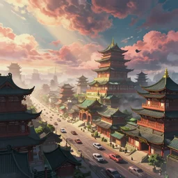 cyberpunk city scene, chinese ancient architecture, traffic flow, tang dynasty style, art by moebius, artstation trending, gorgeous clouds, god rays, fantasy art, octane render, ureal engine, japanese animation, mist, hyperdetailed,.