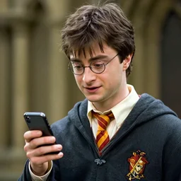 Photo of Daniel Radcliffe as Harry Potter using a smartphone