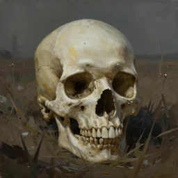 painting of a skull in the middle of a field, concept art by senior environment artist, cgsociety, vanitas, apocalypse art, dystopian art, artstation hq