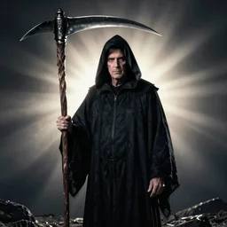 ultra realistic backlit spooky photograph of maury povich with black hood and scythe dressed as the grim reaper