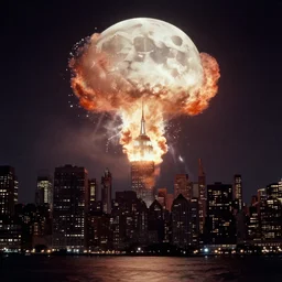 vintage photo of the moon exploding over New York City, 8mm film