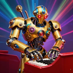 portrait photo of a giant huge golden and blue metal humanoid steampunk robot piano player with multicolored big gears and tubes, a red piano, eyes are glowing red lightbulbs, shiny crisp finish, 3 d render, 8 k, insaneley detailed, fluorescent colors, background is multicolored lasershow