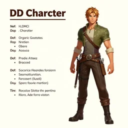 D&D character sheet, with full body illustration of character on right, text on left and top and bottom. Warrior character, wearing armor and holding a sword.