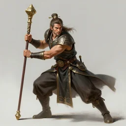 a master wielding a quarterstaff in a desperate posture ready to fight. intricate, elegant, highly detailed, digital painting, artstation, concept art, sharp focus, illustration, by justin gerard and artgerm, 8 k