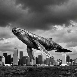 a gigantic whale in the middle of the city, black and white photo, fim grain