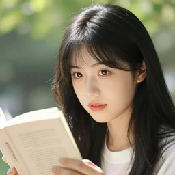penny with black hair and beautiful eyes reading literary fiction on a sunny day