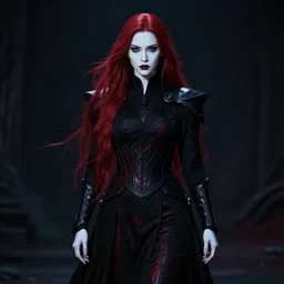 focus on beautiful female sith warrior with smooth porcelain white skin and long flowing red hair, wearing black imperial sith uniform with dark red highlights, shadowy gothic aesthetic, cinematic full body portrait, centered composition, hypermaximalist, cinematic lighting, drawn by jh williams iii, moody, nighttime, very dark