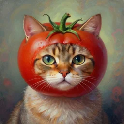 tomato with a cat's face, cat made of tomato, tomato - cat chimera. gouache fairytale art, russian romanticism, muted palette, psychedelic art, backlighting, depth of field