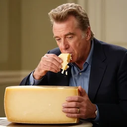 william shatner eating a large wheel of cheese,
