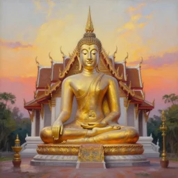 a beautifully detailed wide angle oil painting of a sitting thai buddha statue in front of a thai temple with a gorgeous sunrise, by kestutis kasparavicius trending on artstation
