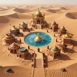 The spiritual village of a lost civilization inhabited by sacred warriors, built around the water of an oasis in the center of a vast sand desert, concept art, game art, trending on art station, digital 2d, matte painting
