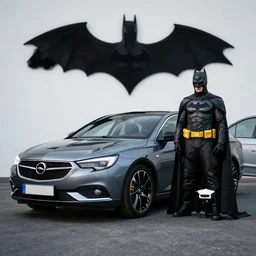 batman standing next to 2 0 2 2 opel sedan, vehicle photography