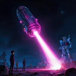 GIANT suborbital laser satellite shooting a beam at the ground, neon, cinematic, rendered by Beeple, Makoto Shinkai, syd meade, simon stålenhag, star wars, inspired by Gundam, environment concept, digital art, unreal engine, 3 point perspective, WLOP, trending on artstation, low level, 4K UHD image, octane render,