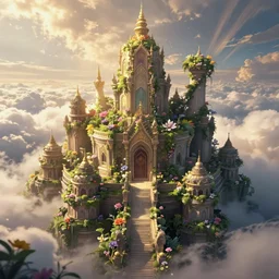 Overgrown fantasy temple in the clouds, fantasy art by ferdinand knab, intricately detailed, overgrowth, flowers, radiant warm light, alena aenami