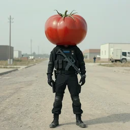 a film still of a man with a giant tomato head in swat gear, wide shot, full body