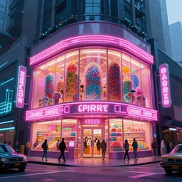 downtown, photo from the street, big candy shop in a cyberpunk city