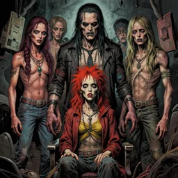 A creepy family underground junkies, by richard corben, rich deep colors. masterpiece . intricate artwork, very coherent symmetrical artwork, cinematic, hyper realism, high detail, auschwitz camp,  octane render, unreal engine, 8k, Vibrant colors, Smooth gradients, High contrast, depth of field. by Katsuhiro Otomo, full body character drawing, inspired by Evangeleon, clean ink detailed line drawing, intricate detail, extremely detailed.