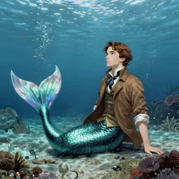 male merlock holmes mermaid with a big mermaid tail sitting at the bottom of the sea under water in the style of jules bastien - lepage