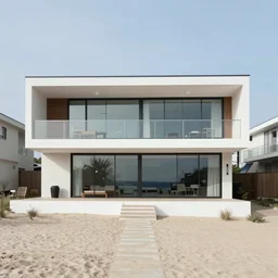 architecture ad for a mid-century modern house on the beach, designed by Miles van der rohe. Film grain, cinematic, blue hue