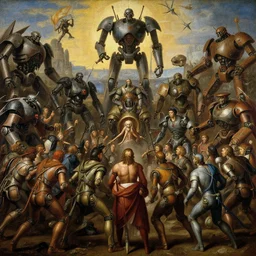 a fantasy painting in renaissance!! style of a grand battle of robots, cinematic, beautiful lighting, artstation cinematic, highly detailed, coherent, painting masterpiece, monumental, by michelangelo