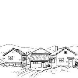 village, view from sky, three houses, line drawing, no - shadow, black and white, by makoto shinkai takashi takeuchi studio ghibli, akihiko yoshida