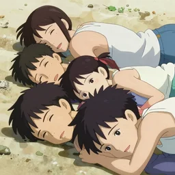 a film still japanese teens sunbathing on a sunny beach in summer, finely detailed features, closeup at the faces, perfect art, dramatic light, trending on pixiv fanbox, painted by greg rutkowski makoto shinkai takashi takeuchi studio ghibli, akihiko yoshida