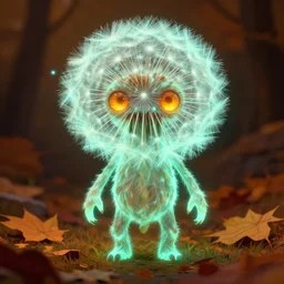 glowing luminescent dandelion humanoid figure monster, symmetrical, highly detailed, digital art, sharp focus, trending on art station, amber eyes, autumnal colours