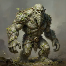 a stone golem covered of vines, by greg rutkowski e thomas kinkade, fantasy, d & d, very detailed, high definition, realistic painting, character design, trending on artstation