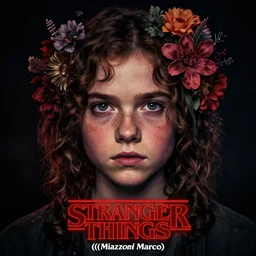 portrait of Eleven from the stranger things by (((Mazzoni Marco))),dark ,detailed ,flowers on hair ,portrait,