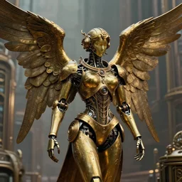 steampunk robot angel, big ornamental wings, brass body, intricate, soulless, steampunk city background, sharp focus, highly detailed, cinematic lighting, studio quality, smooth render, unreal engine 5 rendered, octane, rendered, by artgerm, greg rutkowski, alphonse mucha
