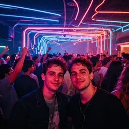 in the front 2 friends partying facing to the camera, in the back a huge crowd and neon lines, abstract surrealism