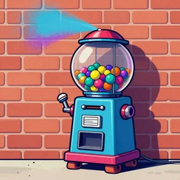 detailed colored illustration of a gum-ball dispensing robot spray painting a brick wall with 80s coloured paint