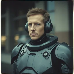 legnica. medium shot close up. armored cyborg mark zuckerberg, in legnica, full body, cinematic focus, polaroid photo, vintage, neutral dull colors, soft lights, by oleg oprisco, by thomas peschak, by discovery channel, by victor enrich, by gregory crewdson