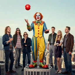Portrait John Goodman wearing a clown costume whilst juggling a red orb standing atop a skyscraper takato yamamoto greg rutkowski chris cold andrew wyeth niel welliver peter doig giorgio de chirico mark ryden jamie wyeth victo ngai
