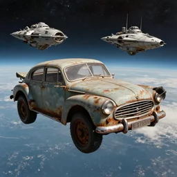 vintage, old, ussr, rusty, soviet, car iz 2 1 2 5!!! as a realistic scifi spaceship!!!, floating in space, engines instead of wheels!!, wide angle shot art by donato giancola and greg rutkowski, vintage retro scifi, realistic space, digital art, trending on artstation, symmetry!!!