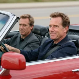 mulder and scully driving in a red Cadillac convertible with the top down, on the vegas strip at night, with an alien in the back seat