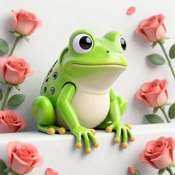 frog with a robotic eye sat on a wall surrounded by roses