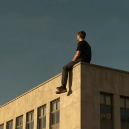 a man sitting on the edge of a tall building. just observing