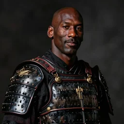 portrait of michael jordan in black samurai armoury, by jan van eyck