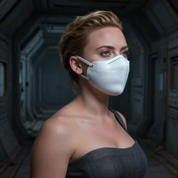 scarlett johansson wearing half face mask, searching an derelict dark hallway of a abandoned spaceship with a flashlight, black and white, pencil and ink manga 3 panels showing different angles of same scene