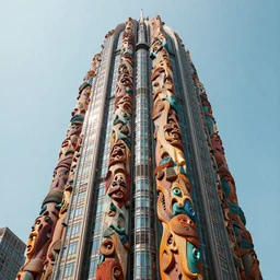 A realistic detailed photo of a skyscraper made of carved wood, colorful, vibrant, strangely mutated, 8k, super detailed, hyperrealistic, cinematic,